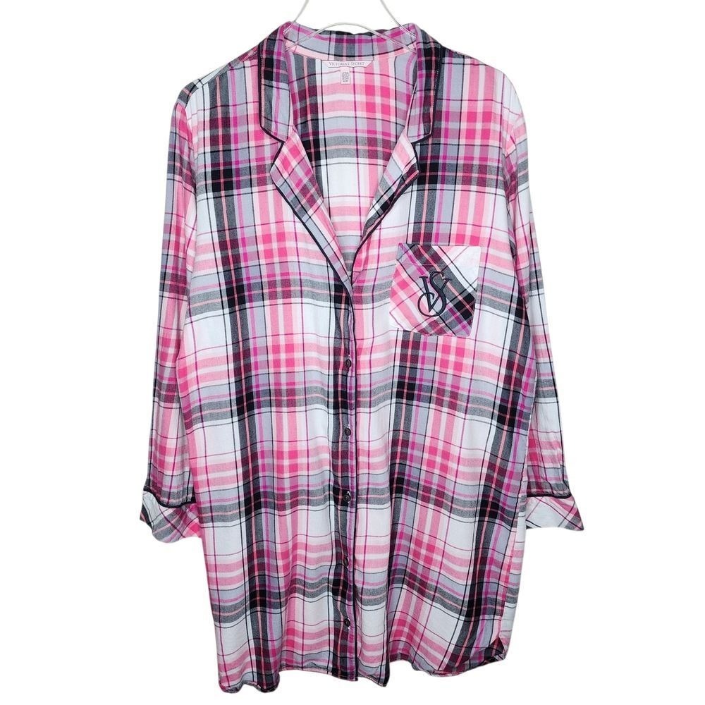 Victorias Secret Pink Plaid Cotton‎ Modal Sleep Shirt Nightgown Womens Medium